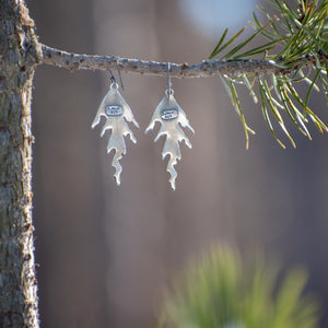 Back of handmade sterling silver cedar earrings hanging from branch