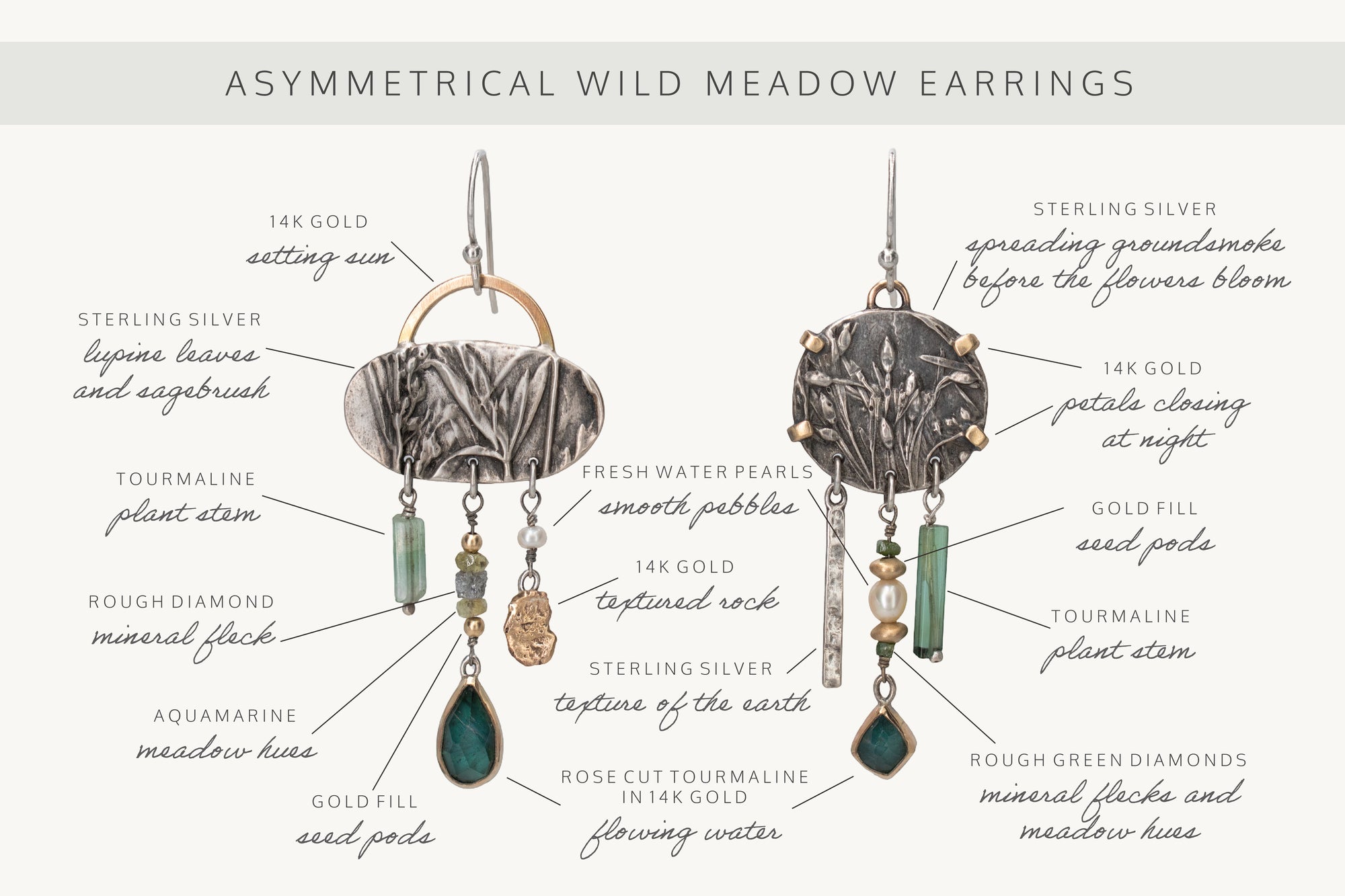 Asymmetrical sterling silver and 14k gold Wild Meadow Earrings with botanical textures and dangling green tourmaline, aquamarine, rough diamond and pearl details.