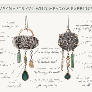 Asymmetrical sterling silver and 14k gold Wild Meadow Earrings with botanical textures and dangling green tourmaline, aquamarine, rough diamond and pearl details.