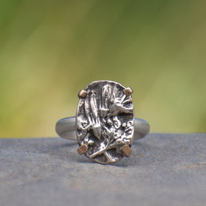 Nature-inspired Oval Wild Meadow Ring in oxidized sterling silver and 14k gold with wildflower and botanical textures from harebell buds and goldenrod.