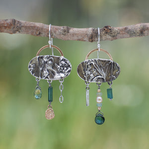 Oval Wild Meadow Earrings in sterling silver and 14k gold with botanical textures and dangling tourmaline, green garnet, aquamarine and freshwater pearl gemstones.