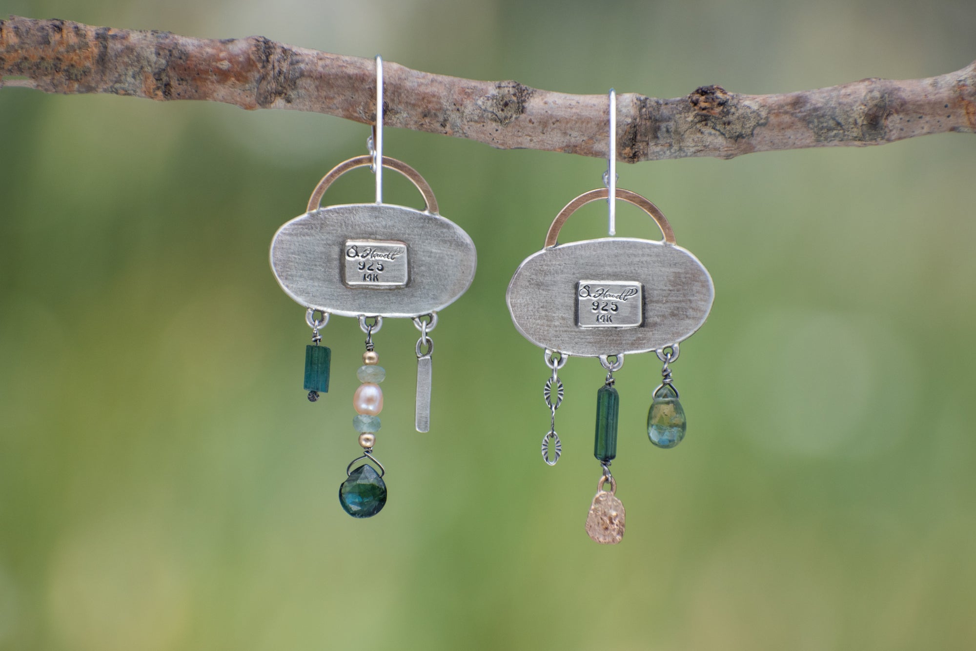 Oval Wild Meadow Earrings in sterling silver and 14k gold with botanical textures and dangling tourmaline, green garnet, aquamarine and freshwater pearl gemstones.