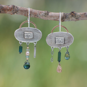 Oval Wild Meadow Earrings in sterling silver and 14k gold with botanical textures and dangling tourmaline, green garnet, aquamarine and freshwater pearl gemstones.