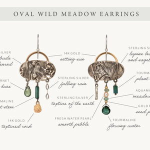 Oval Wild Meadow Earrings in sterling silver and 14k gold with botanical textures and dangling tourmaline, green garnet, aquamarine and freshwater pearl gemstones.