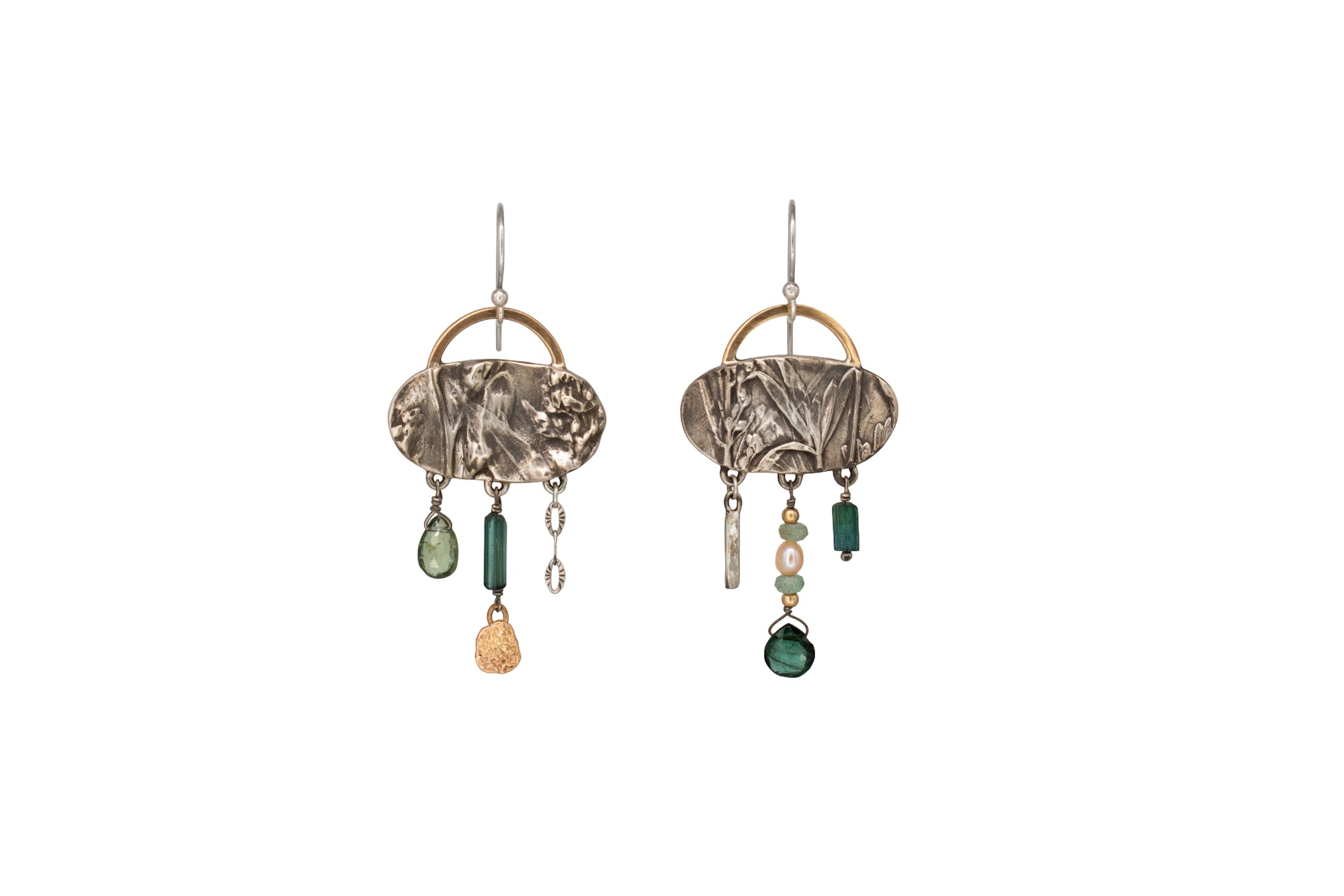 Oval Wild Meadow Earrings in sterling silver and 14k gold with botanical textures and dangling tourmaline, green garnet, aquamarine and freshwater pearl gemstones.