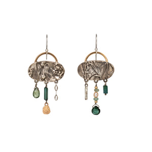 Oval Wild Meadow Earrings in sterling silver and 14k gold with botanical textures and dangling tourmaline, green garnet, aquamarine and freshwater pearl gemstones.