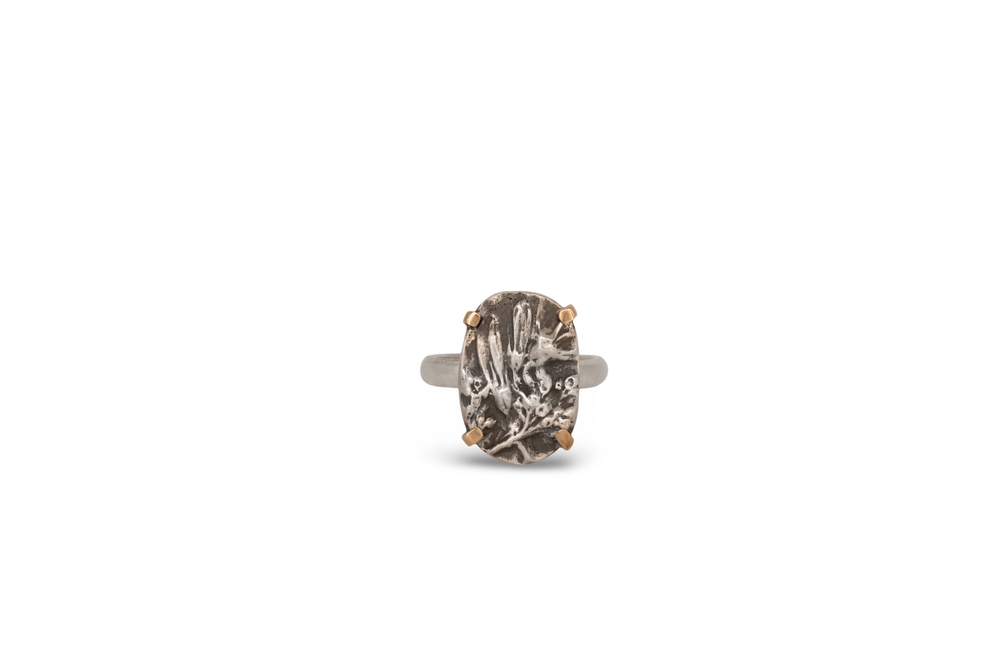 Nature-inspired Oval Wild Meadow Ring in oxidized sterling silver and 14k gold with wildflower and botanical textures from harebell buds and goldenrod.