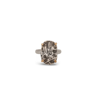 Nature-inspired Oval Wild Meadow Ring in oxidized sterling silver and 14k gold with wildflower and botanical textures from harebell buds and goldenrod.