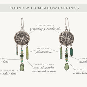 Round Wild Meadow Earrings in sterling silver with Spreading Groundsmoke botanical textures and dangling tourmaline, aquamarine, green rutile, emerald, green garnet and kyanite gemstones.