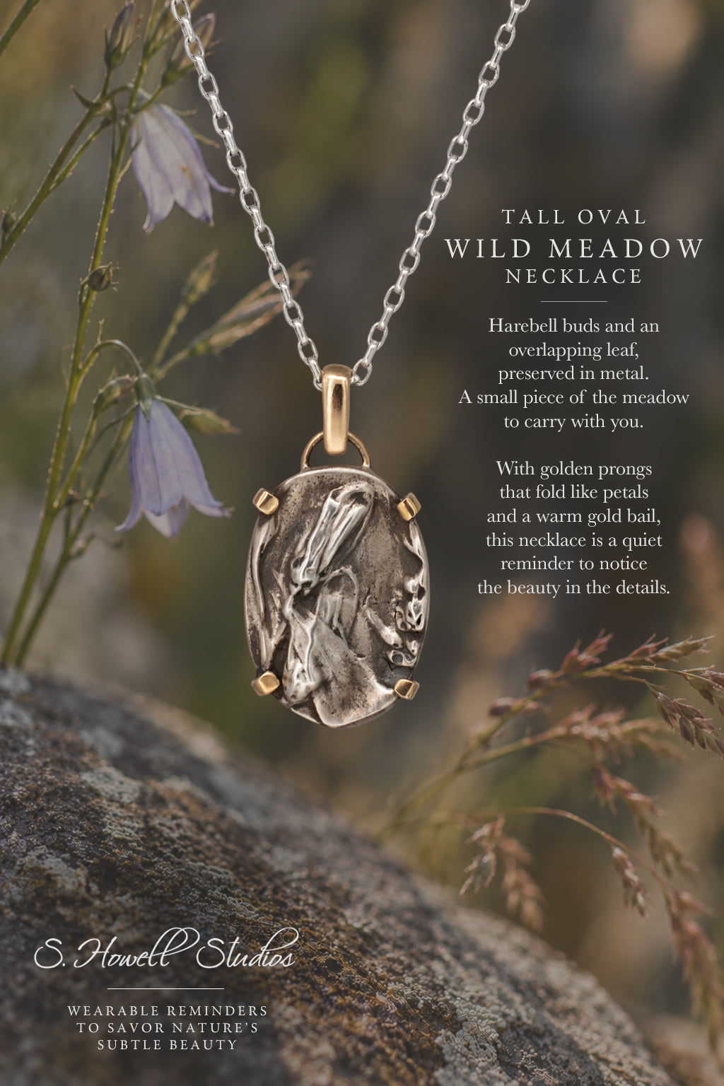 Nature-inspired Oval Wild Meadow Necklace in sterling silver and 14k gold with harebell bud and leaf botanical textures inspired by wildflowers and meadow plants.