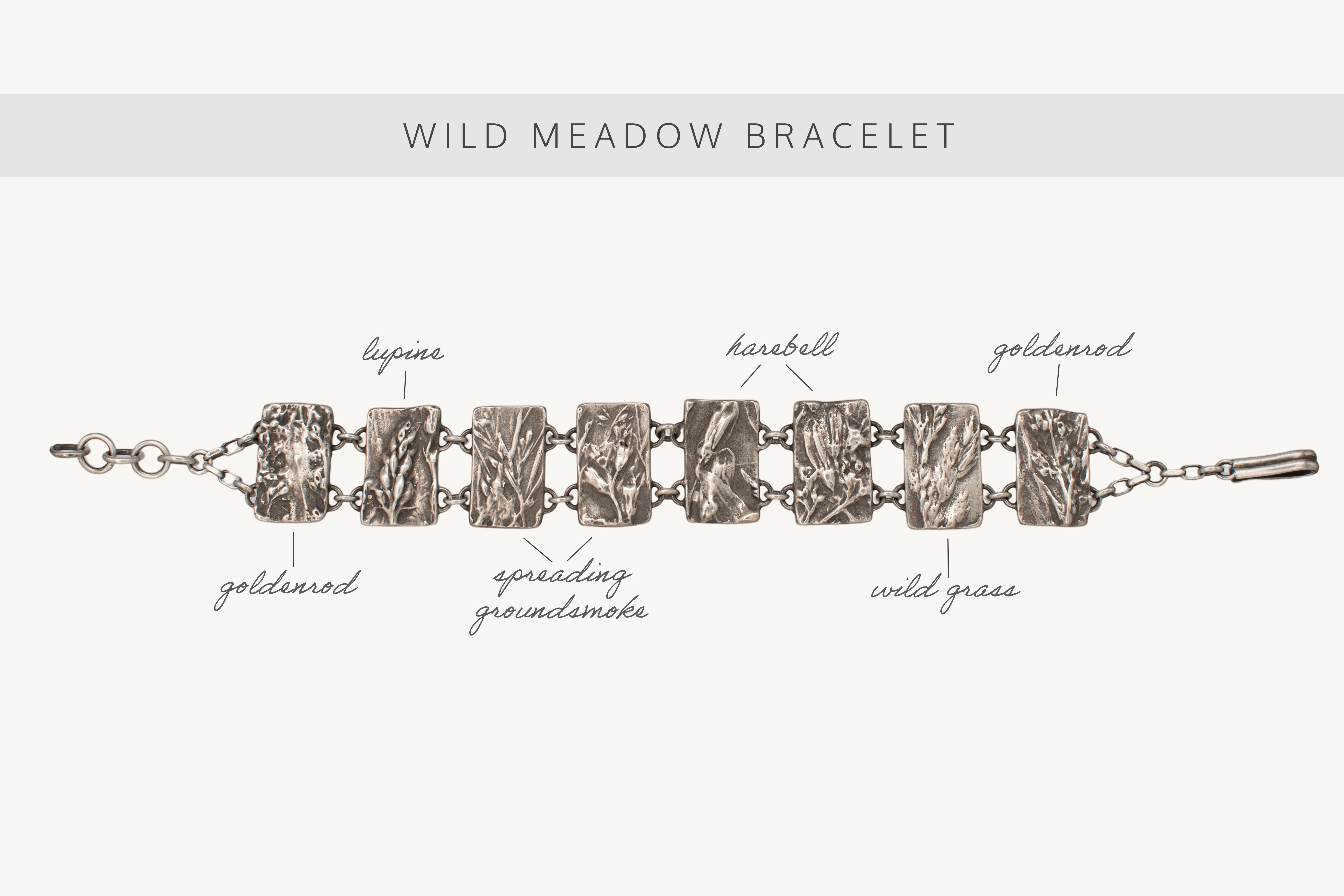 Nature-inspired Wild Meadow Bracelet in oxidized sterling silver with linked botanical panels featuring layered wildflower textures from lupine, sagebrush, goldenrod and wild grasses.