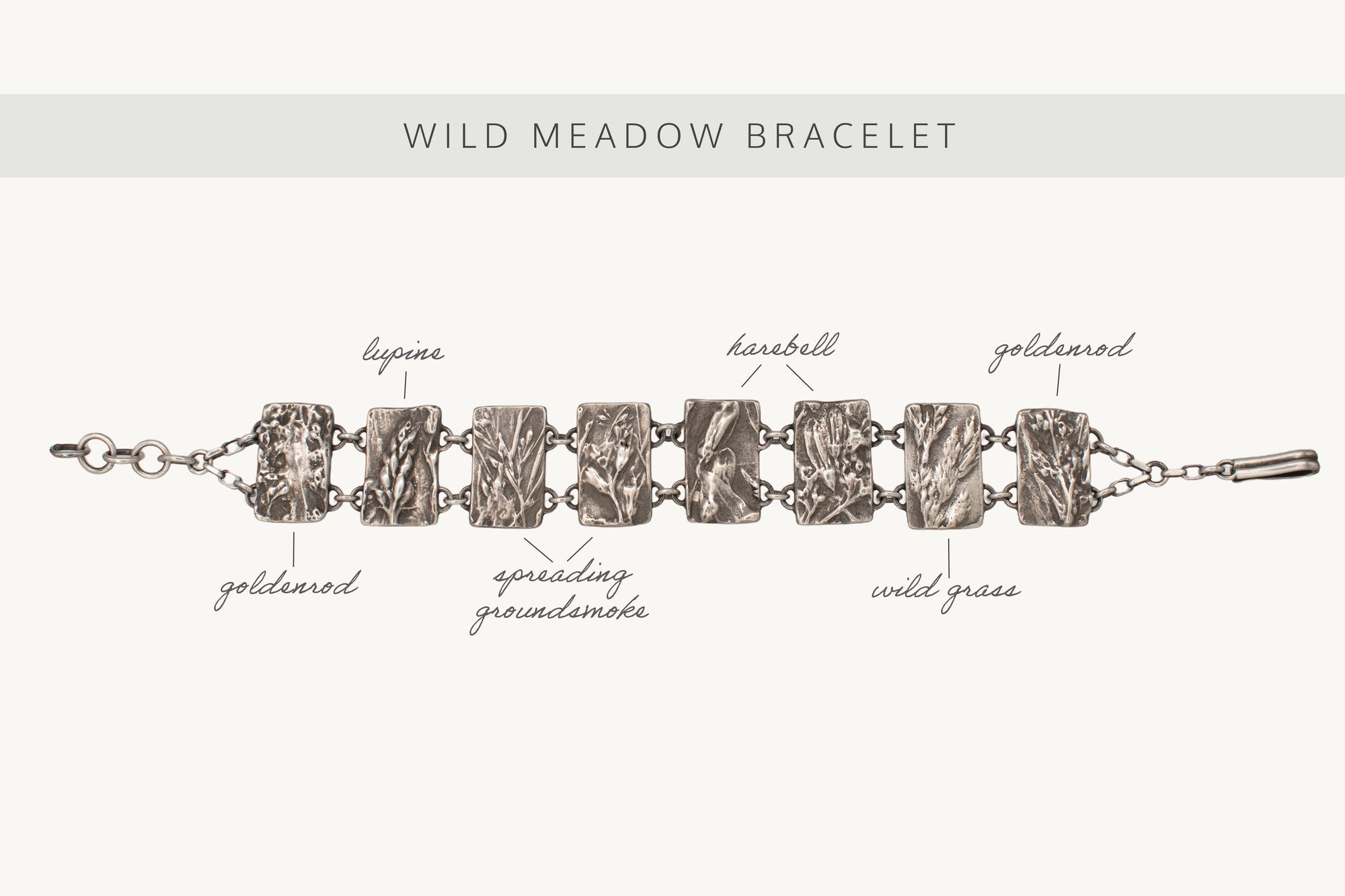 Nature-inspired Wild Meadow Bracelet in oxidized sterling silver with linked botanical panels featuring layered wildflower textures from lupine, sagebrush, goldenrod and wild grasses.