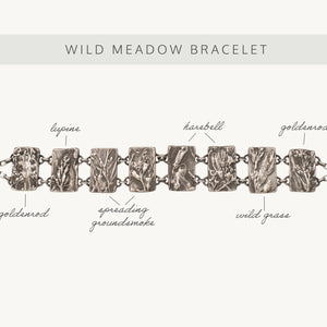 Nature-inspired Wild Meadow Bracelet in oxidized sterling silver with linked botanical panels featuring layered wildflower textures from lupine, sagebrush, goldenrod and wild grasses.