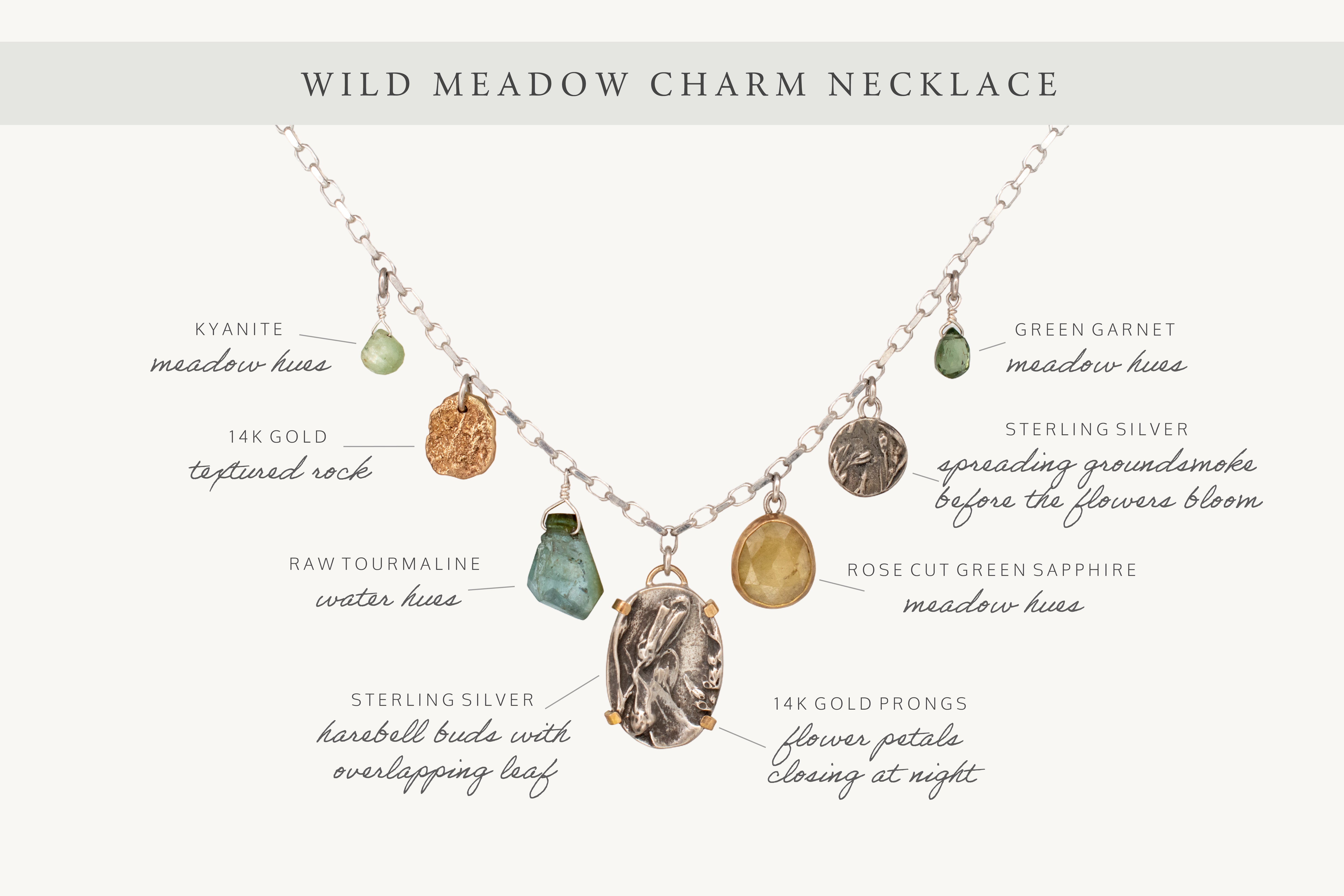 Nature-inspired Wild Meadow Charm Necklace in sterling silver and 14k gold with wildflower botanical textures, green sapphire, tourmaline, kyanite and green garnet gemstones.