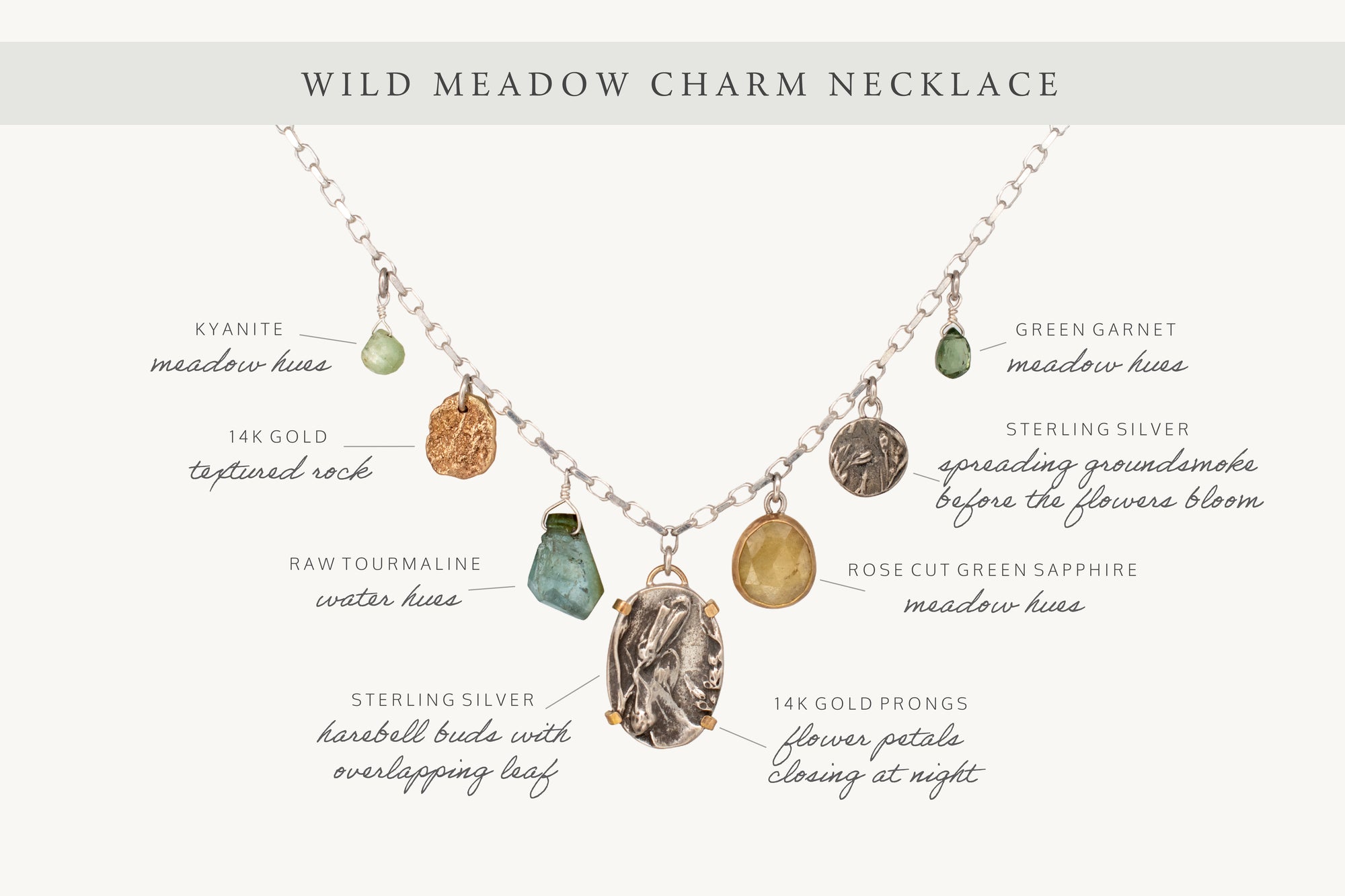 Nature-inspired Wild Meadow Charm Necklace in sterling silver and 14k gold with wildflower botanical textures, green sapphire, tourmaline, kyanite and green garnet gemstones.