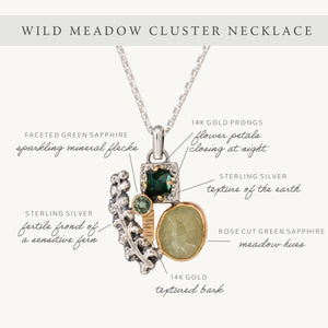 Nature-inspired Wild Meadow Cluster Necklace in sterling silver and 14k gold with sensitive fern botanical texture and two green sapphire gemstones.