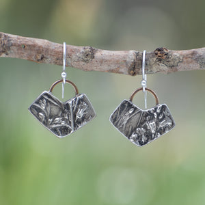 Wild Meadow Earrings in sterling silver with Spreading Groundsmoke and goldenrod botanical textures and 14k gold setting-sun arcs.