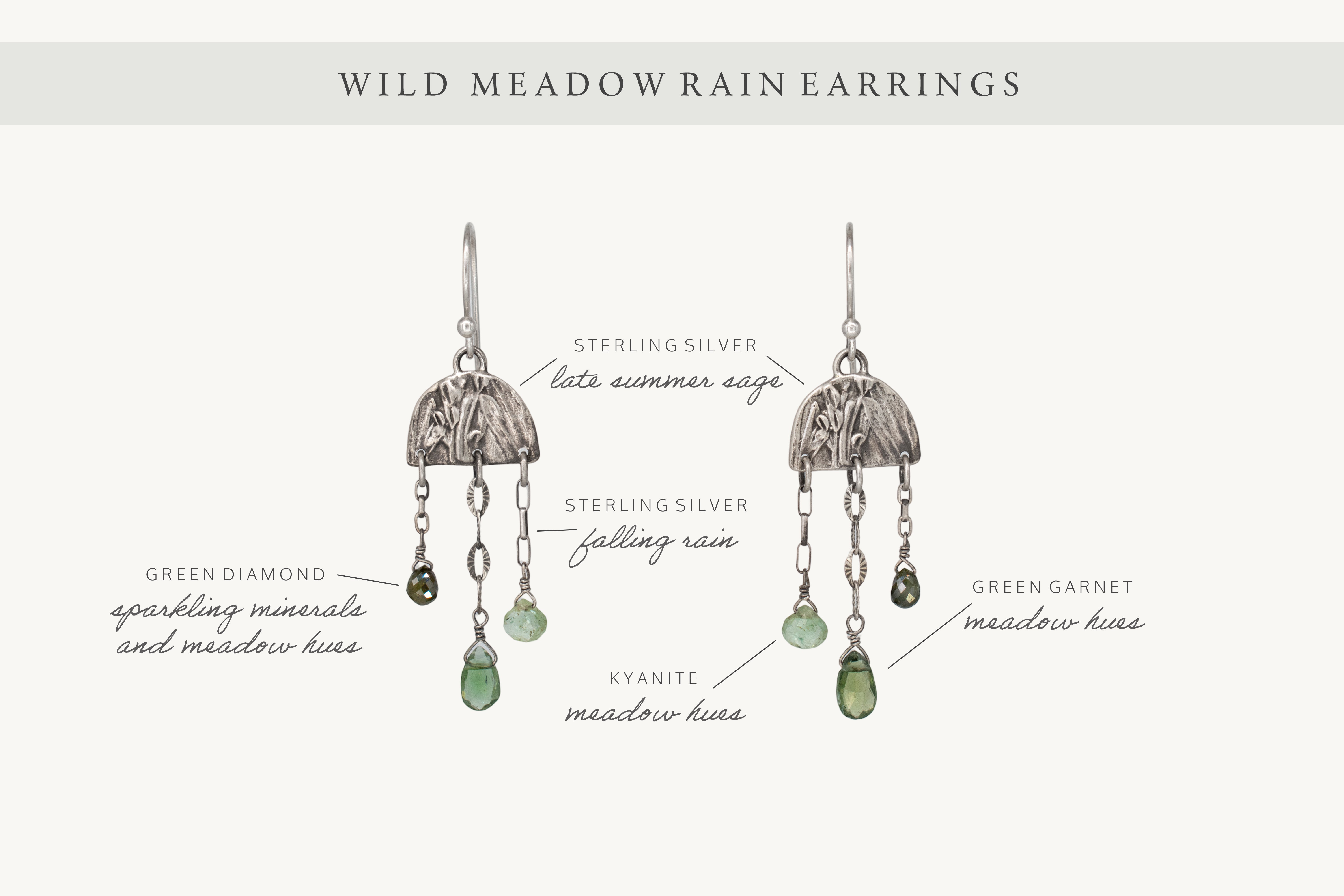 Wild Meadow Rain Earrings in sterling silver with late-summer sage botanical textures, dangling silver chains and green diamond, kyanite and green garnet gemstones.