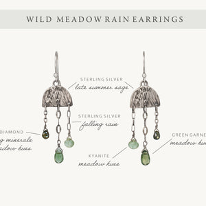Wild Meadow Rain Earrings in sterling silver with late-summer sage botanical textures, dangling silver chains and green diamond, kyanite and green garnet gemstones.