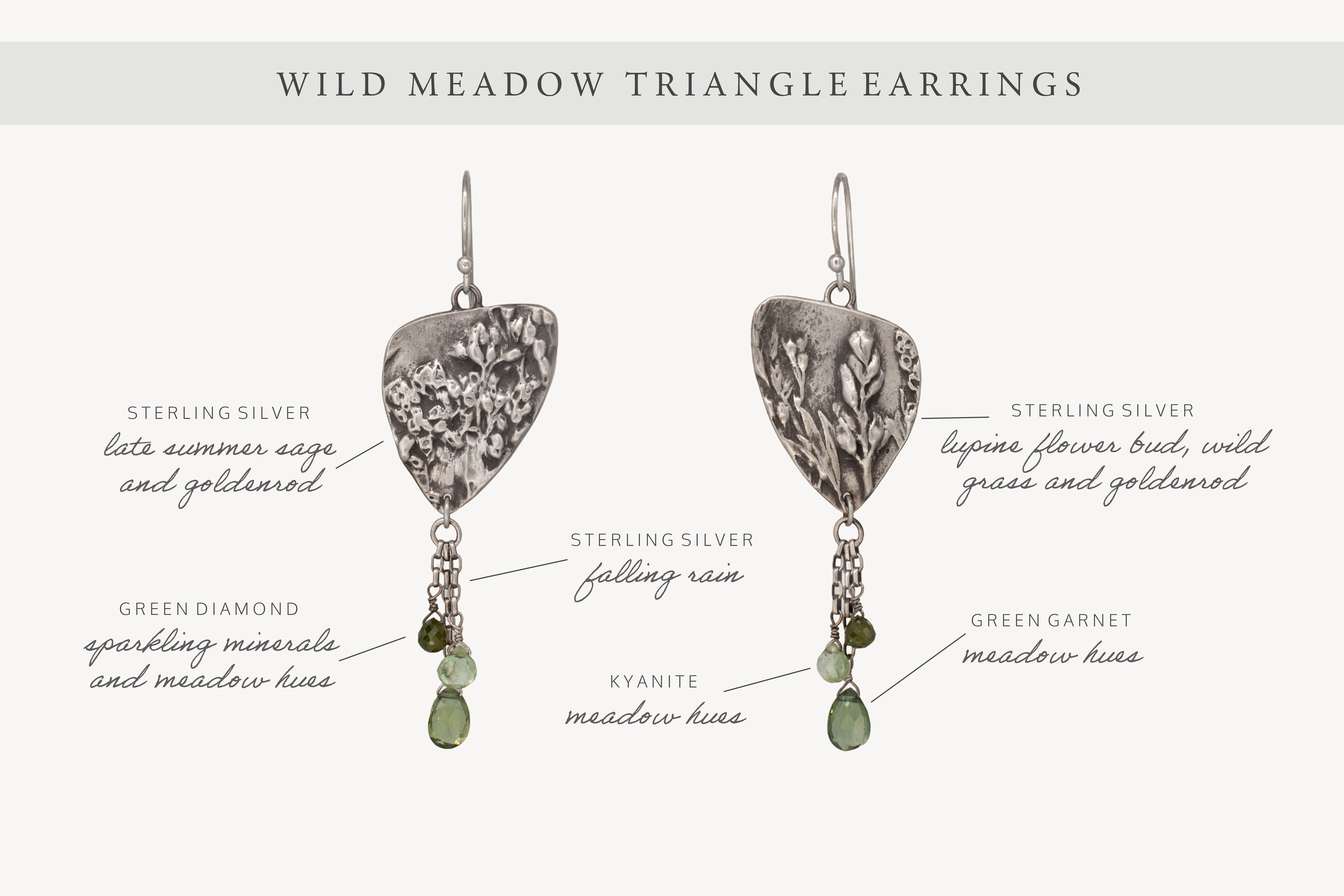 Wild Meadow Triangle Earrings in sterling silver with sagebrush, goldenrod, lupine and wild grass botanical textures, dangling silver chains and green diamond, kyanite and green garnet gemstones.