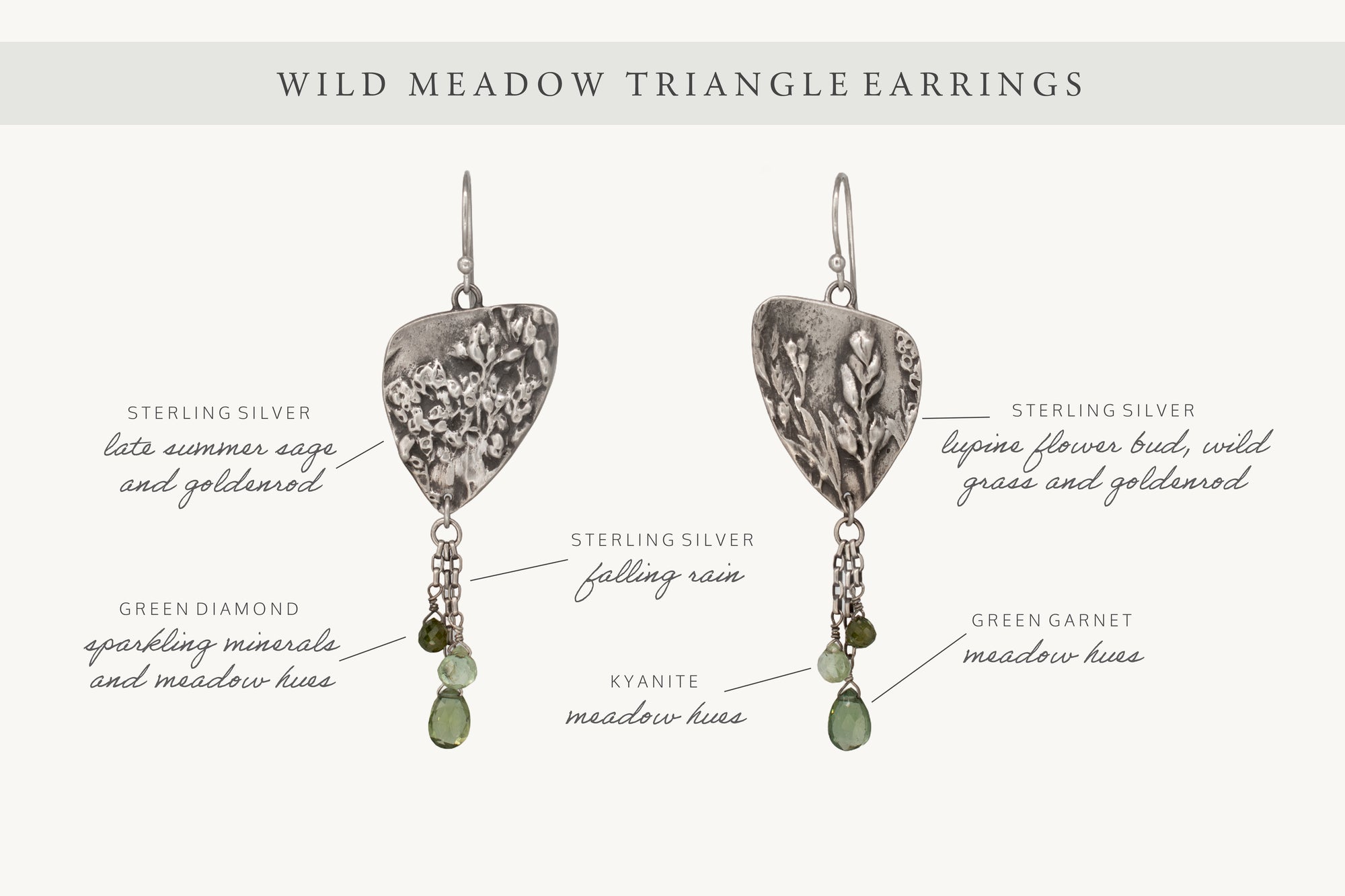 Wild Meadow Triangle Earrings in sterling silver with sagebrush, goldenrod, lupine and wild grass botanical textures, dangling silver chains and green diamond, kyanite and green garnet gemstones.