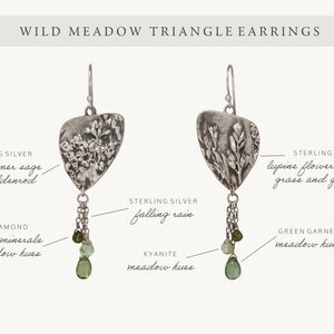 Wild Meadow Triangle Earrings in sterling silver with sagebrush, goldenrod, lupine and wild grass botanical textures, dangling silver chains and green diamond, kyanite and green garnet gemstones.