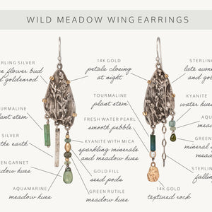 Wild Meadow Wing Earrings in sterling silver and 14k gold with lupine, goldenrod and sage botanical textures, dangling tourmaline, kyanite, aquamarine, green garnet, green diamond and freshwater pearl gemstones.