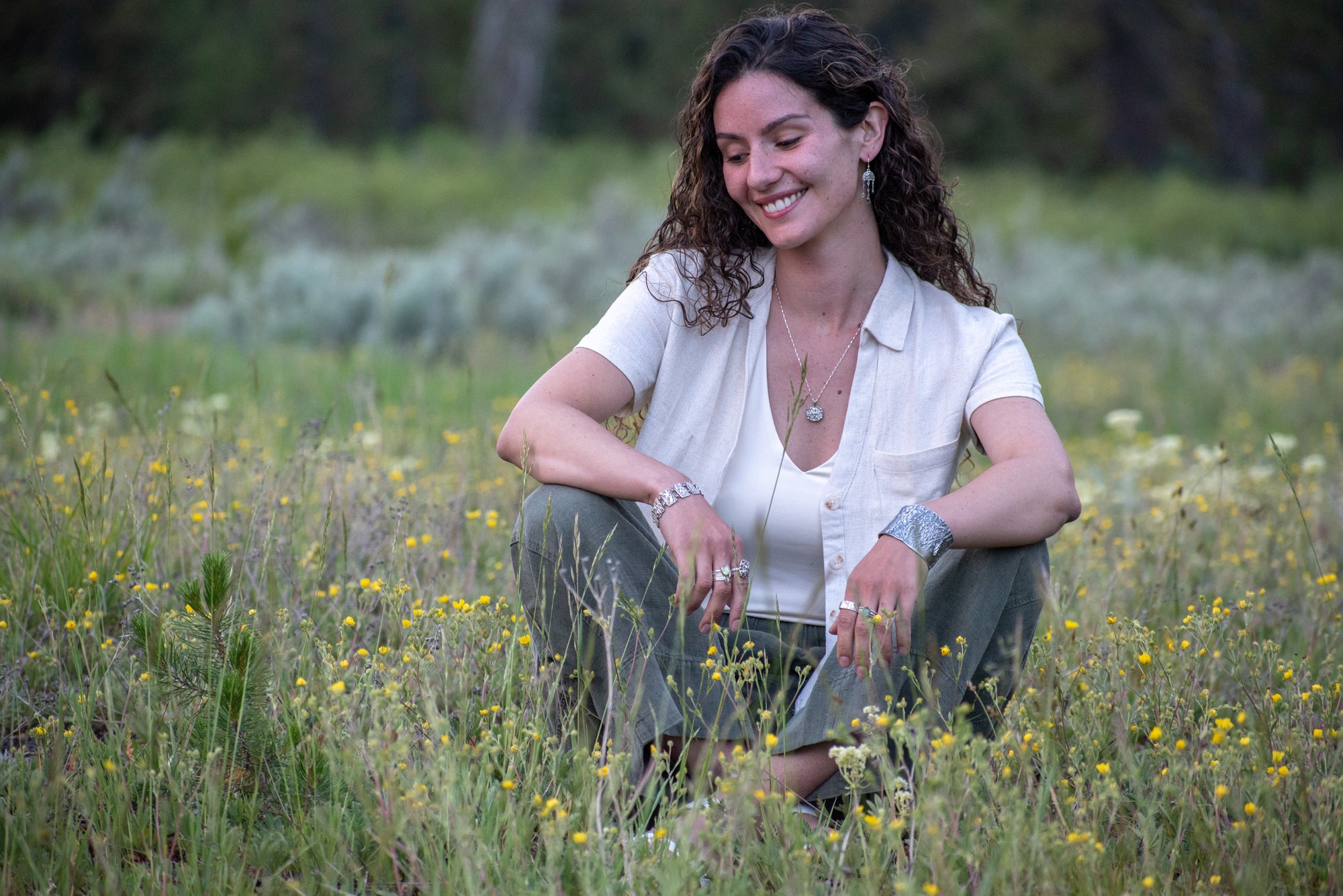 Wild Meadow Rain Earrings in sterling silver with late-summer sage botanical textures, dangling silver chains and green diamond, kyanite and green garnet gemstones.