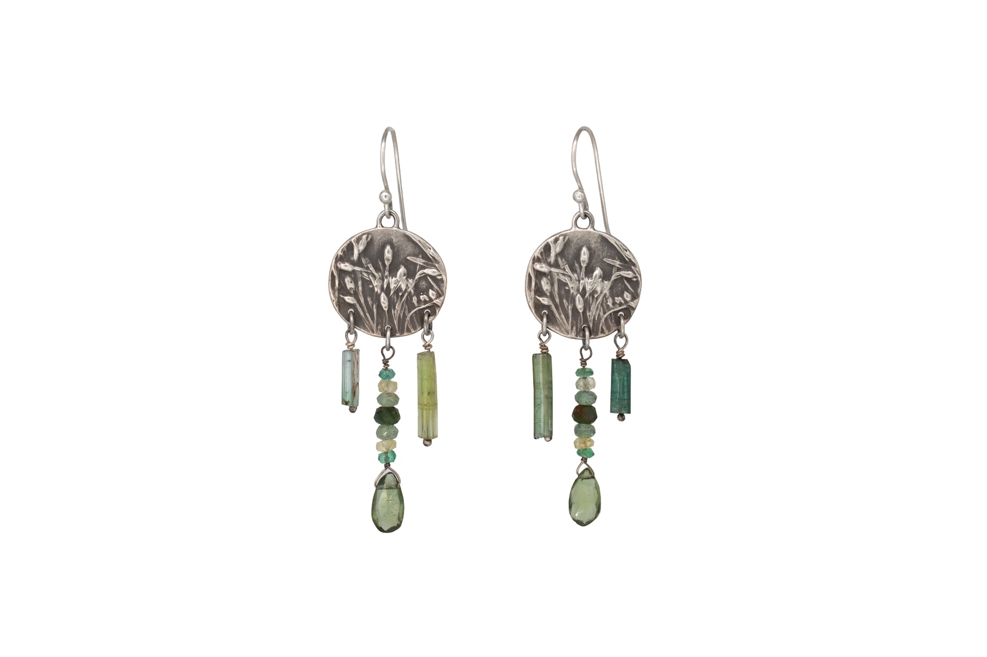 Round Wild Meadow Earrings in sterling silver with Spreading Groundsmoke botanical textures and dangling tourmaline, aquamarine, green rutile, emerald, green garnet and kyanite gemstones.