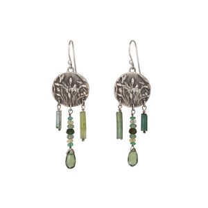 Round Wild Meadow Earrings in sterling silver with Spreading Groundsmoke botanical textures and dangling tourmaline, aquamarine, green rutile, emerald, green garnet and kyanite gemstones.