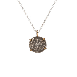 Nature-inspired Round Wild Meadow Necklace in oxidized sterling silver and 14k gold with wildflower and botanical textures from Spreading Groundsmoke stems, leaves and buds.