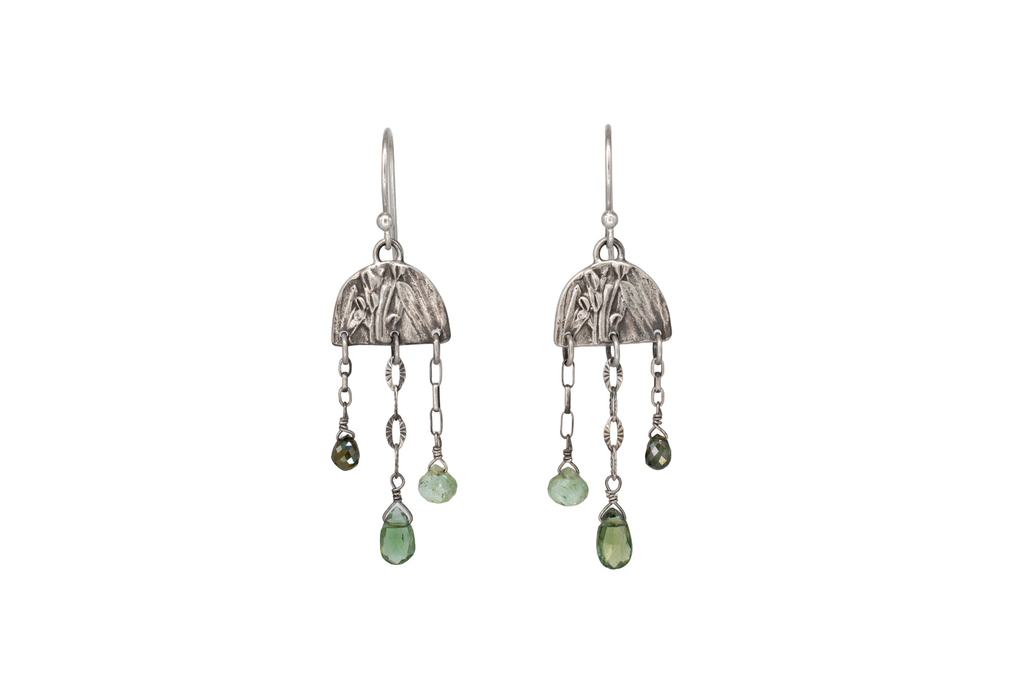 Wild Meadow Rain Earrings in sterling silver with late-summer sage botanical textures, dangling silver chains and green diamond, kyanite and green garnet gemstones.