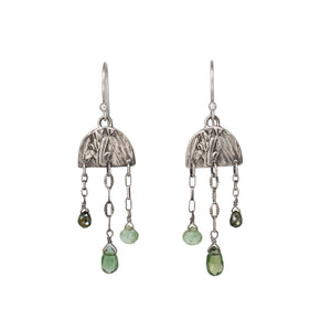 Wild Meadow Rain Earrings in sterling silver with late-summer sage botanical textures, dangling silver chains and green diamond, kyanite and green garnet gemstones.