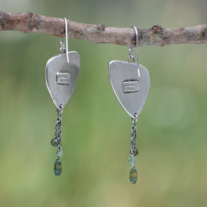 Wild Meadow Triangle Earrings in sterling silver with sagebrush, goldenrod, lupine and wild grass botanical textures, dangling silver chains and green diamond, kyanite and green garnet gemstones.