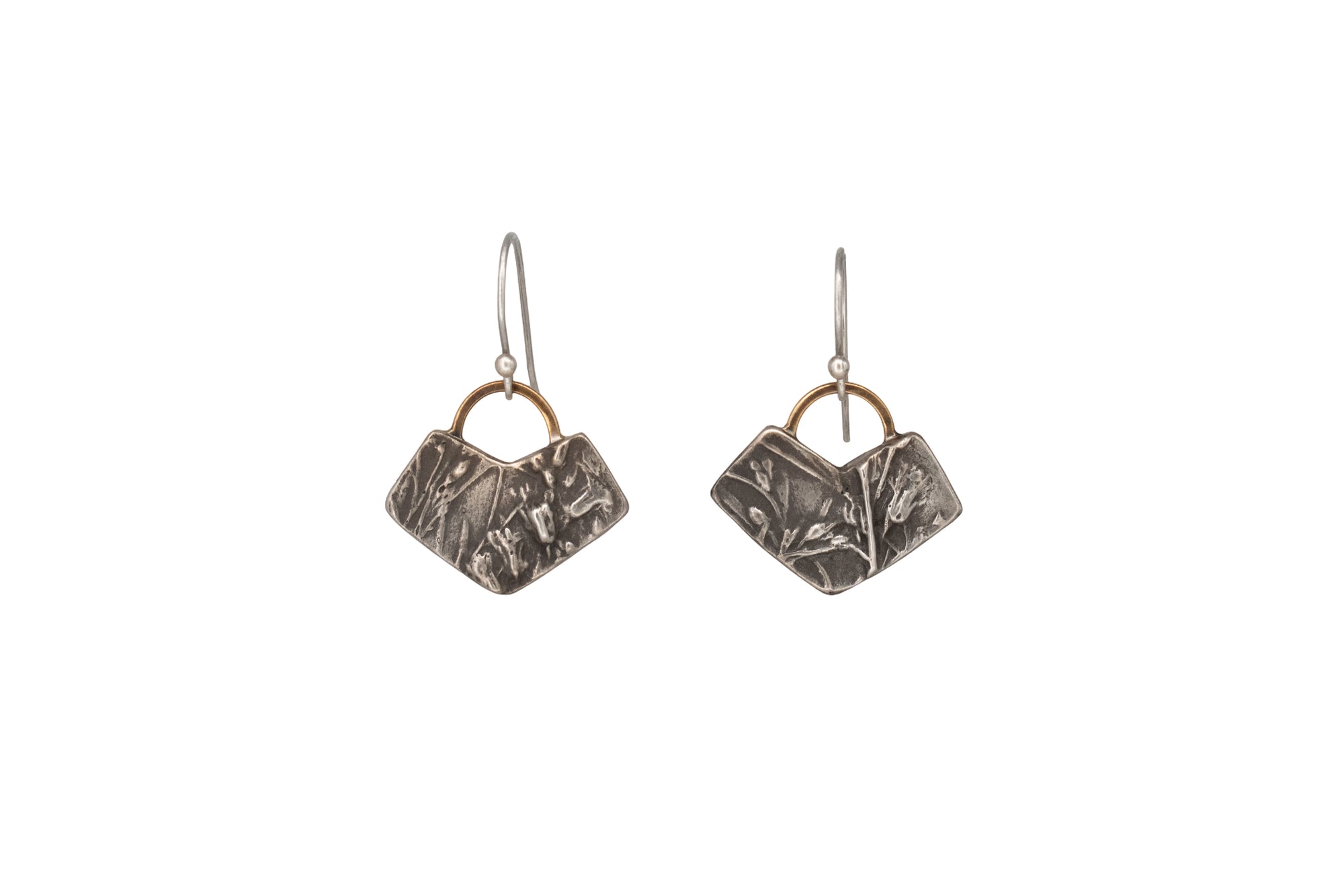 Nature-inspired sterling silver Wild Meadow Earrings with wildflower and botanical textures from Spreading Groundsmoke and goldenrod, accented with 14k gold setting-sun arcs.