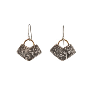 Nature-inspired sterling silver Wild Meadow Earrings with wildflower and botanical textures from Spreading Groundsmoke and goldenrod, accented with 14k gold setting-sun arcs.