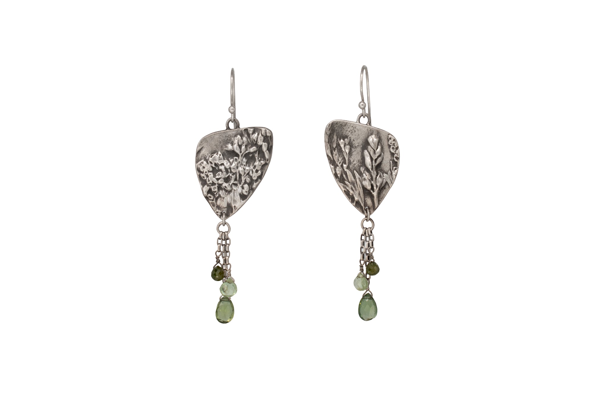 Wild Meadow Triangle Earrings in sterling silver with sagebrush, goldenrod, lupine and wild grass botanical textures, dangling silver chains and green diamond, kyanite and green garnet gemstones.