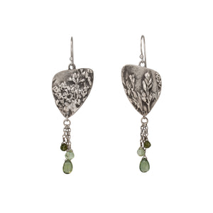 Wild Meadow Triangle Earrings in sterling silver with sagebrush, goldenrod, lupine and wild grass botanical textures, dangling silver chains and green diamond, kyanite and green garnet gemstones.
