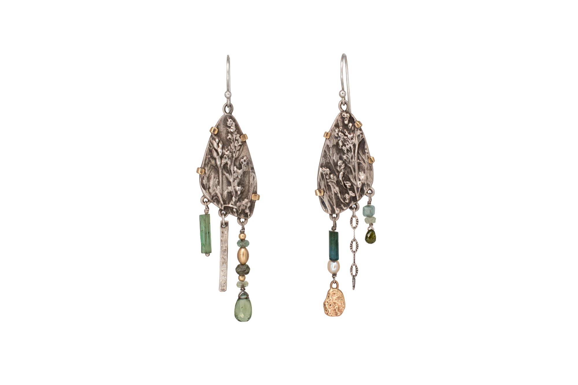 Wild Meadow Wing Earrings in sterling silver and 14k gold with lupine, goldenrod and sage botanical textures, dangling tourmaline, kyanite, aquamarine, green garnet, green diamond and freshwater pearl gemstones.