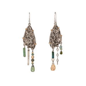 Wild Meadow Wing Earrings in sterling silver and 14k gold with lupine, goldenrod and sage botanical textures, dangling tourmaline, kyanite, aquamarine, green garnet, green diamond and freshwater pearl gemstones.